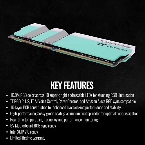 Thermaltake Toughram Rgb Ddr4 3600Mhz 16Gb (8Gb X 2) 16.8 Million Color Rgb Alexa/Razer Chroma/5V Motherboard Syncable Rgb Memory- Turquoise (Rg27D408Gx2-3600C18A) #TOP3