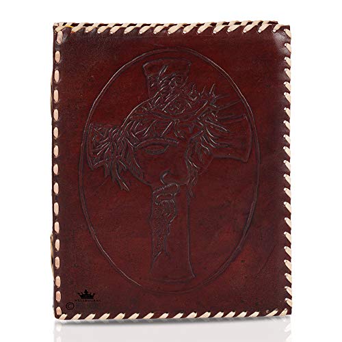 Journal à reliure en cuir carnet A5 embossé Jésus Christ journal de voyage fait à la main avec papier non doublé pour écrire et dessiner pour hommes et femmes - marron Cover