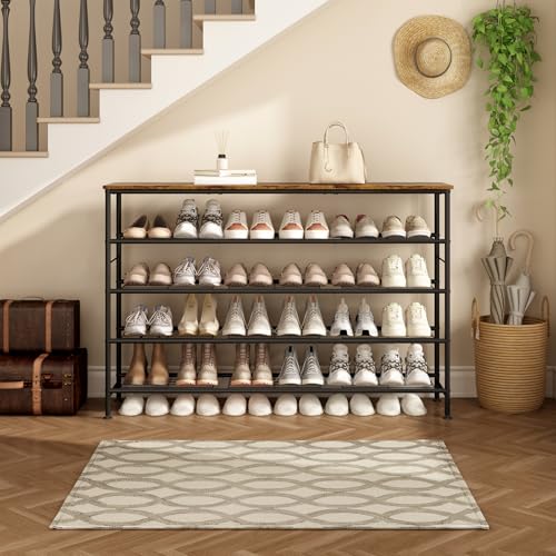 Image of SUOERNUO Shoe Rack 5 Tier Shoe Storage Organizer Metal Mesh Shelves with MDF Top Board for Entryway, Hallway, Closet,Bedroom,Living Room (Black+Rustic Brown, Large 5 Tier)