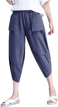 Pantalon Femme été Ample En Imitation Lin – Longueur 7/8, Ceinture élastique à Cordon, Style Décontracté Confortable