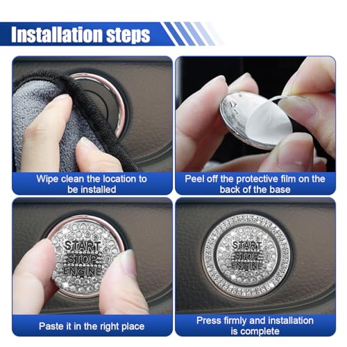 Image of Bling Crystal Car Engine Start Ring Sticker, Sparkling Rhinestone Push Start Button Decorative Cover, Anti-Scratch Key Ignition & Knob Bling Ring Car Interior Accessories for Women (2PCS White)
