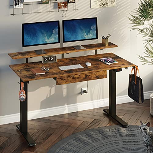 Rolanstar Standing Desk Dual Motor With Usb Charging Ports, 55" Adjustable Height Desk With Drawer And Monitor Shelf, Electric Standing Desk With 2 Headphone Hooks, Rustic Brown #TOP1