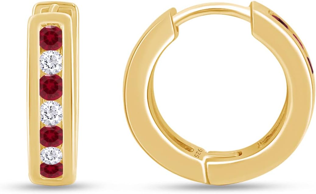 Huggie Earrings for Women, 14K Gold Over Sterling Silver Hoop Earrings with Simulated Ruby and White Cubic Zirconia, Dainty Elegant Jewelry Gift