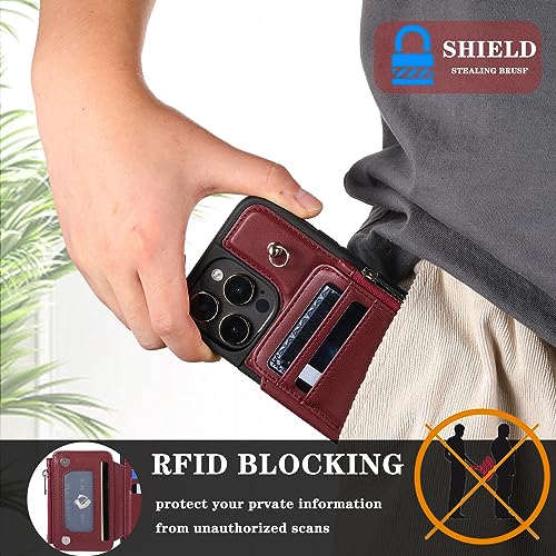 Wallet Case for iPhone 16 Pro Max/16 Pro/16 Plus/16, Card Holder RFID Blocking Leather Cover with Wrist Strap Zipper Handbag Shell,Red,163