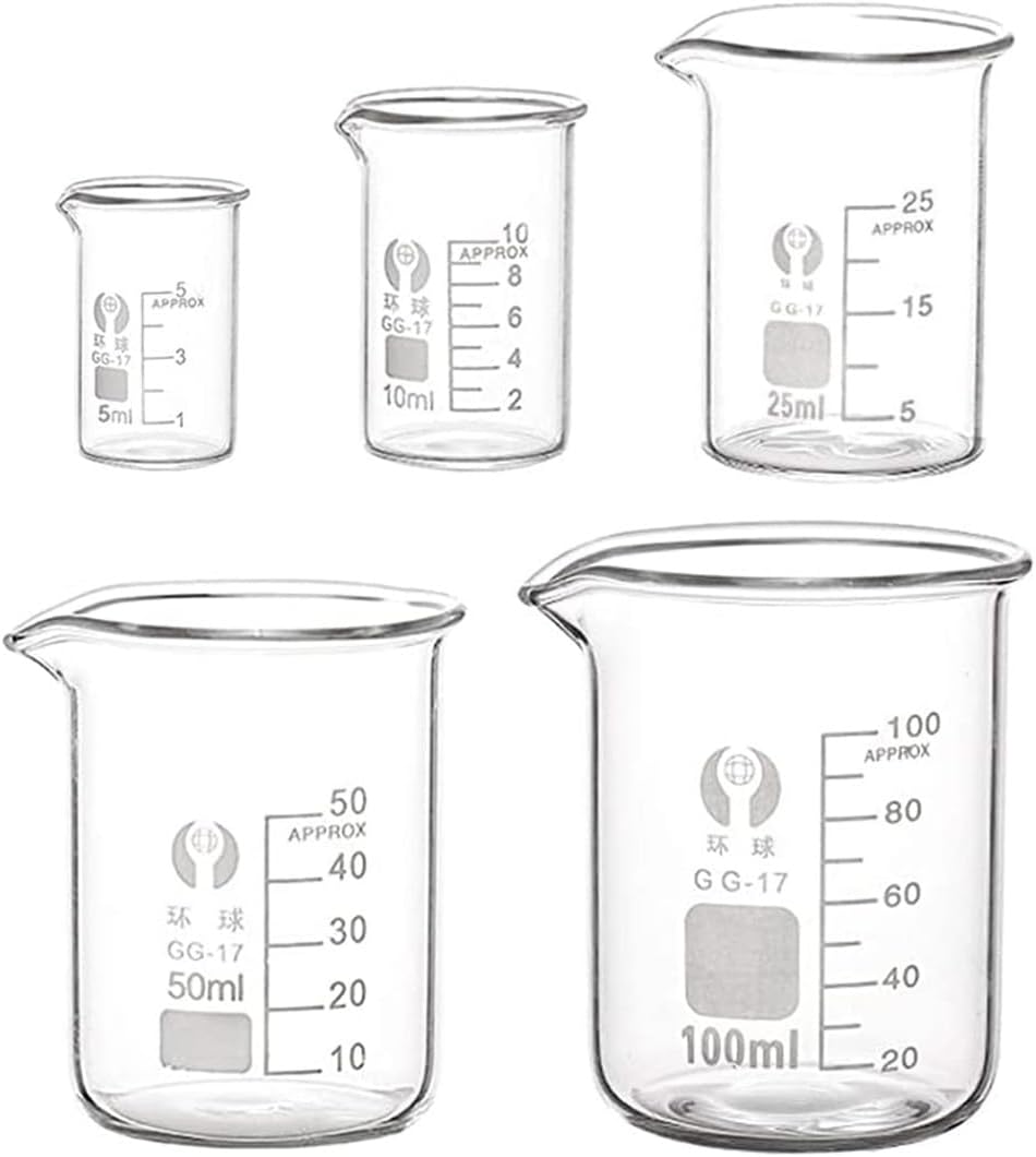 5Pcs Graduated Borosilicate Glass Beaker 5ml 10ml 25ml 50ml 100ml Set Measuring Laboratory Glassware