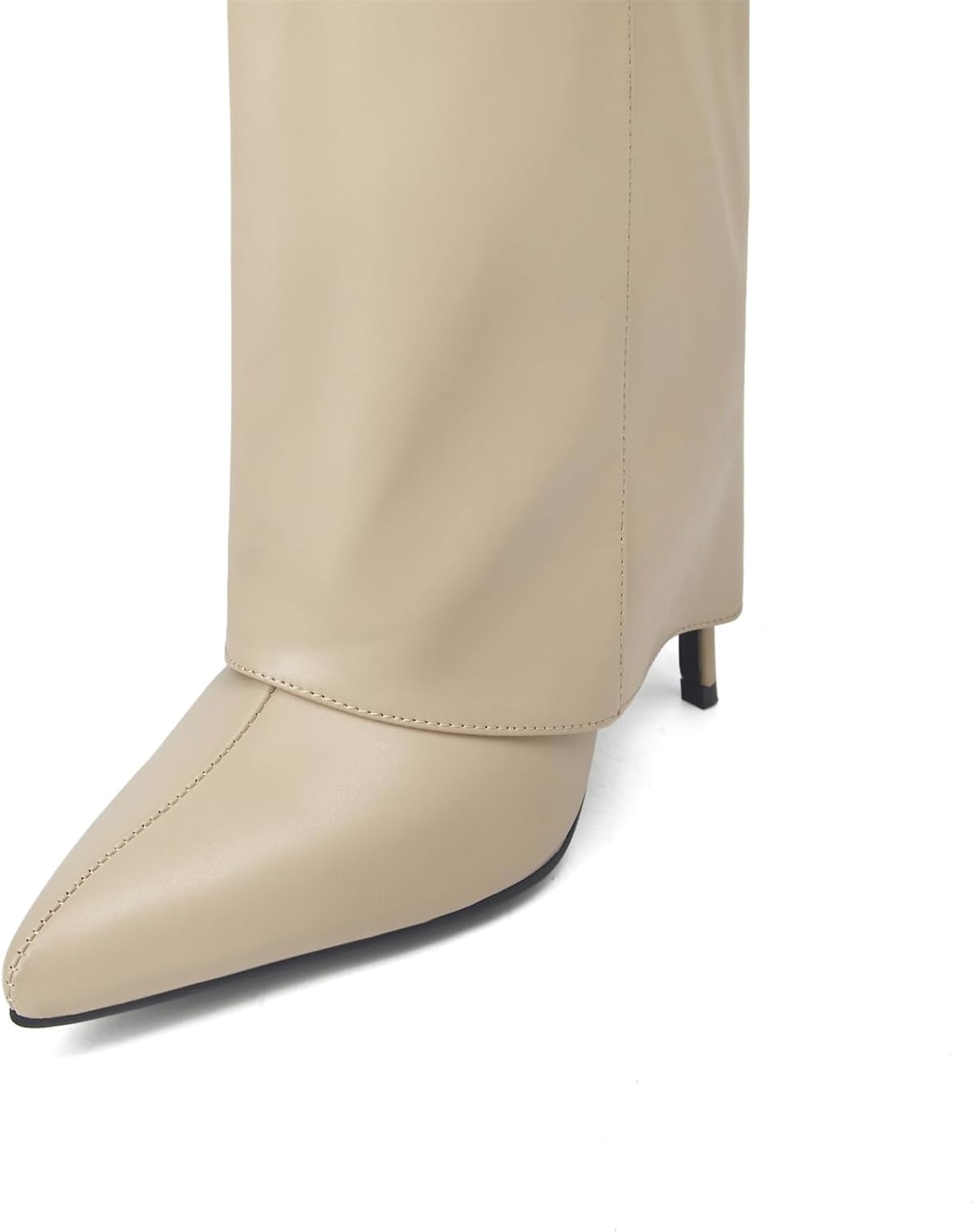 Goolita Women's Stiletto Heel Knee High Boots Pointed Toe Slip On Fold Over Boots For Women Sewing Leather Comfy Dress Boots