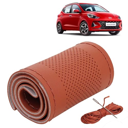 Image of KINGSWAY PU Leatherite Car Steering Cover Sewable Compatible with Hyundai Grand I10 Nios (Year 2023 Onwards), Tan Color with Tan Thread, Pack of 1 with Sewing Needle and Thread