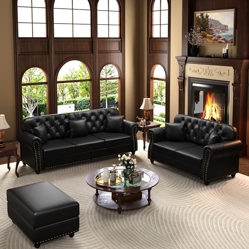 Image of KEIKI 2-Piece Chesterfield Sofa Set with 1 Faux Leather 3-Seater Sofa & 1 Loveseat Sofa, Upholstered 5-Seater Couch Set with Nailhead Trim & Rolled Arms & 1 Ottoman & 5 Pillow, for Living Room, Black