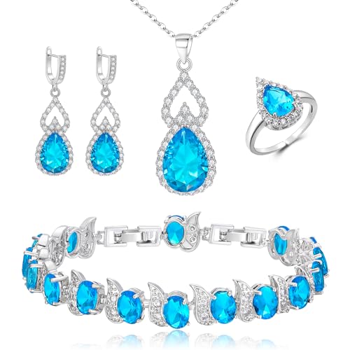 Image of Clearine Jewellery Set for Women Silver Plated Blue Topaz Teardrop Cubic Zirconia Necklace Open Adjustable Ring Earrings Bracelet Gift for Wedding/Anniversary/Mothers Day