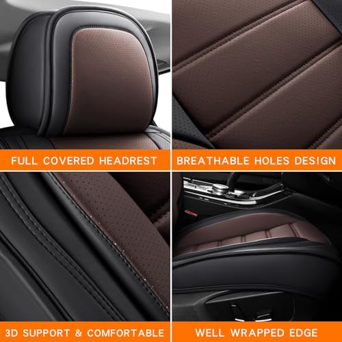 Image of MINGBRON Car Seat Covers Full Set, Brown Car Seat Cover Lumbar Support, Car Seat Protector Waterproof, Nappa Leather Car Seat Cushion, Front Seats and Back Fit for Most Cars