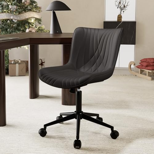 Image of YOUTASTE Black Modern Office Chair, Armless Swivel PU Leather Desk Chair with Wheels, Height Adjustable Rolling Computer Chair with Metal Legs for Bedroom, Home Office, Study, or Vanity