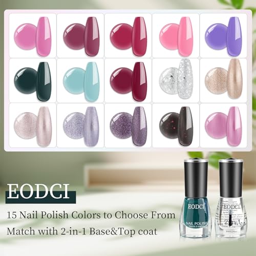 eodci 16 PCS Nail Polish Set, 15 Colors Quick Dry Nail Polish Kit With 2in1 Base/Top Coat Purple Pink Glitter Gold Sliver Finger Nail Polish Pack Glossy Toenail Polish DIY Gifts for Women