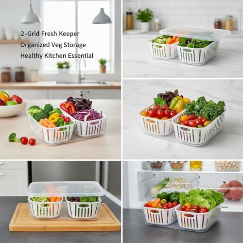 Image of HORNBILLS 2 Grid Fridge Storage Containers Fridge Organizer Container & Lid, Stackable Box, Space Saving Plastic Containers for Chopped Vegetables, Fruits Modern, Clean, and Practical Food Organizer