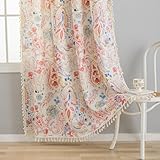 Pink Floral Curtains 84 Inch Long for Living Room Watercolor Paisley Pattern Linen Blend Window Shade Boho Tassel Curtains Light Filtering Drapes Bohemian Farmhouse Country Decor Pink and Blue
