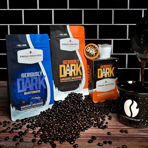 Image of Fresh Roasted Coffee, Seriously Dark Decaf Artisan Blend Drip Ground Coffee, Dark Roast, Kosher, 12 oz