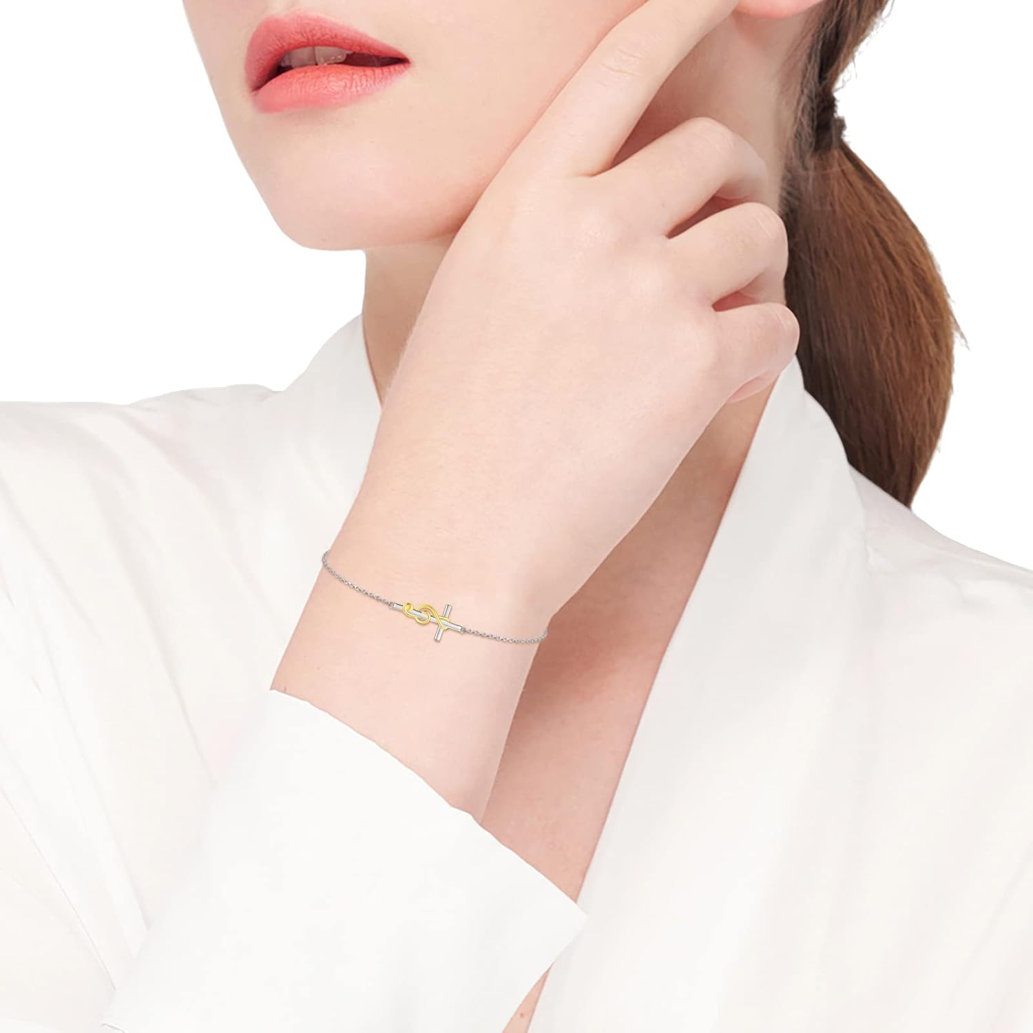 APOTIE Sterling Silver Cross Musical Note Bracelet S925 Choir Pendant Jewelry Music Gift for Women Music Lover Teacher Student