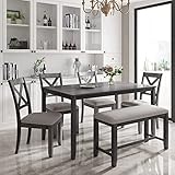 LUMISOL 6 Piece Dining Room Table Set with Bench, Wood Kitchen Table Set with 4 Padded Chairs and...