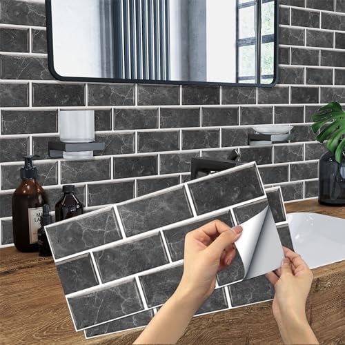 12-Sheet Black Peel and Stick Wallpaper, Subway Tile 6''x12'' Self Adhesive Wall Tiles Waterproof PVC Stick on Backsplash Vinyl Decorative Tiles Stickers for Kitchen Bathroom