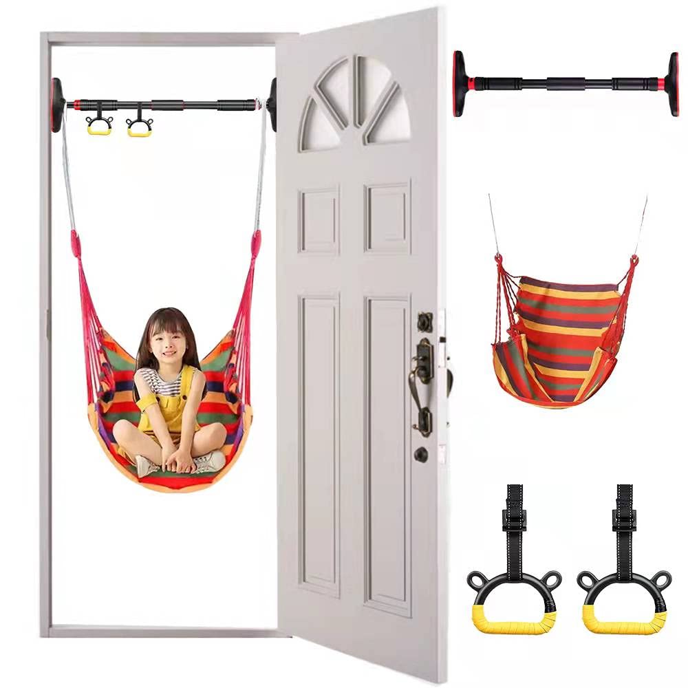 Indoor Doorway Gym Set for Kids - Swing Includes Chair, Rings, Hanging Trapeze, Ladder, Swinging Rope & Pullup Bar - Sensory Swing Set Accessory Playground (Red, 100-150 cm)