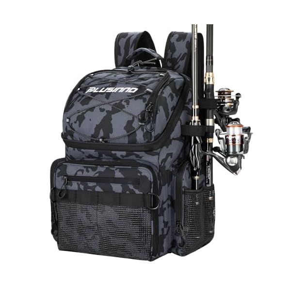 PLUSINNO Fishing Backpack with Rod Holders & Cooler, 45L Large Water-resistant Fishing Tackle Bag,Fishing Tackle Backpack
