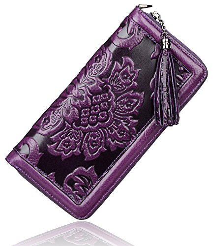 PIJUSHI Leather Wallets For Women Floral Wristlet Wallet Card Holder Purse (91853 Violet)