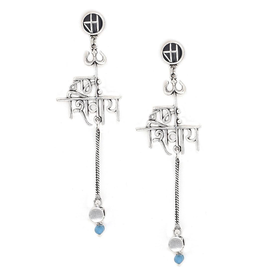 Brass Silver Oxidised Plating Moksha Namaha Shivaya Earrings with Turquoise Pearl Beads for Women and Girls-image-23