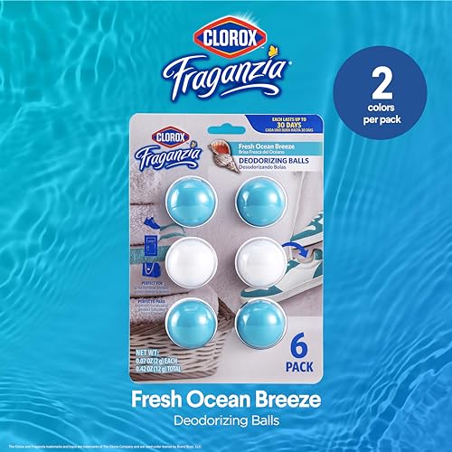 Image of Clorox Fraganzia Deodorizing Balls for Shoes & Small Spaces, Battery-Free No-Plug Air Freshener Pods, Twist-to-Activate Odor Refresher for Gym Bags, Lockers & Drawers, Fresh Ocean Breeze, 6 Count