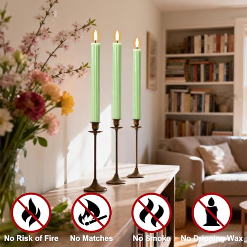 Image of Green Flameless Flickering Taper Candles Battery Operated with Remote and Timer, 3D Wick Real Wax Vertical Stripe LED Candlesticks Spring Dinner Wedding Home Decor(3 Pack, 0.79 inch D x 9.8 inch H)