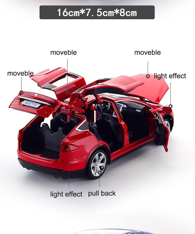 Image of 1:32 Scale Car Tesla Model X90 Alloy 1 /32 Diecast Model Car w /Sound & Light Pull Back Model Mini Vehicles Toys for Kids (Red)