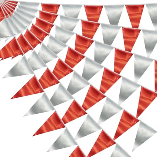 Image of 130FT Red Silver Triangle Pennant Banner Flag Metallic Fabric Bunting Garland for Christmas Graduation Wedding Engagement Anniversary Bachelorette Birthday Bridal Shower Valentines Hen Party Supplies