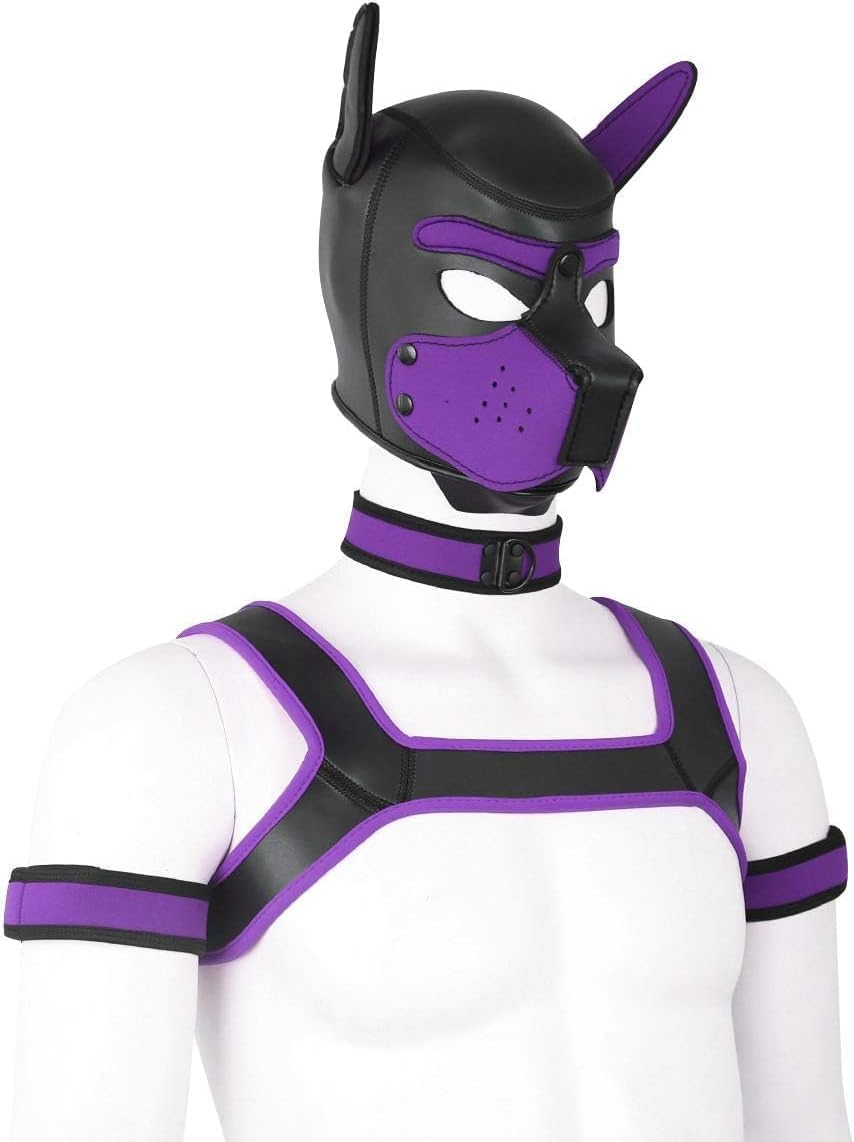 Adults Neoprene Puppy Hood Custom Animal HeadMask Novelty Costume Dog Hood Mask,Collar,Armband andHarness Set (Purple)