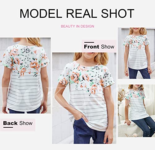 Dokotoo Girls Pluse Size Short Sleeve Shirts Sweat Striped Flower Print Colorblock Girls' Tops, Tees & Blouse Cute Twist Baby Kids T Shirt For Teen Girls White Size 12-13 #TOP4