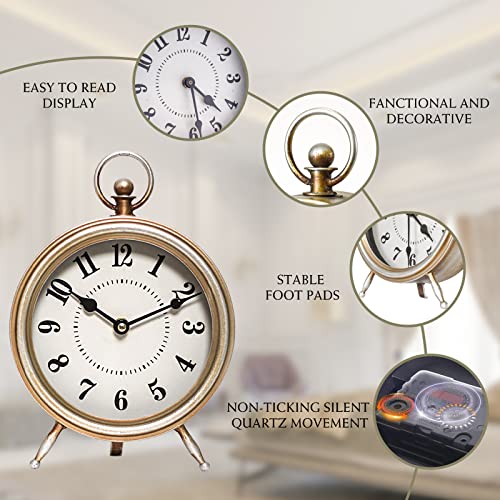 Emax Home Vintage Table Clock On Stand, Decorative Desk And Shelf Clock Rustic Mantel Clock Non-Ticking, Metal Frame With Antique Gold Finish #TOP3