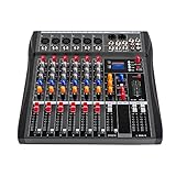 6 Channel Audio Mixer,Professional Sound System Mixer Board DJ Mixing Console,48V Phantom Power Audio Mixer,Bluetooth,Volume Fader,Professional Audio Mixer for Studio Karaoke Live Music