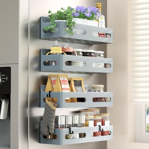 Image of Sevenblue 4-Pack Magnetic Spice Rack for Refrigerator with Hooks, Grey