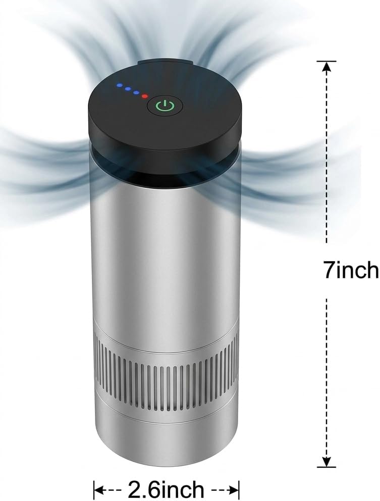 Vehicle-Mounted Car Air Purifier, Silver, Multi-Layer Filter Element, Compact Cup Holder Design