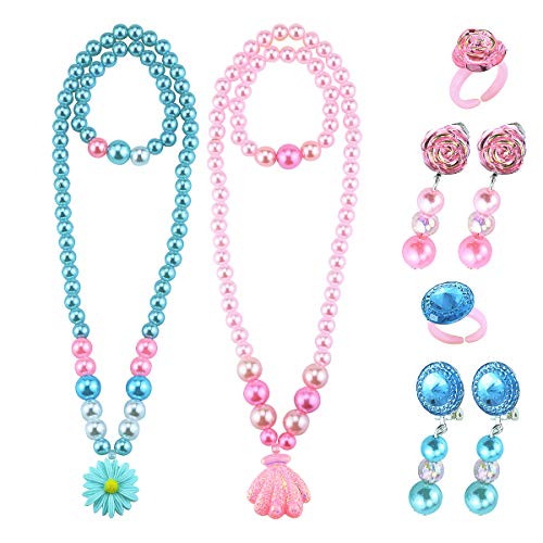 Wpxmer 2 Pack Beaded Necklace and Beads Bracelet for Girls, Bulk Necklace Earring Ring Kids, Little Girls Jewelry Sets, Pink and Light Blue