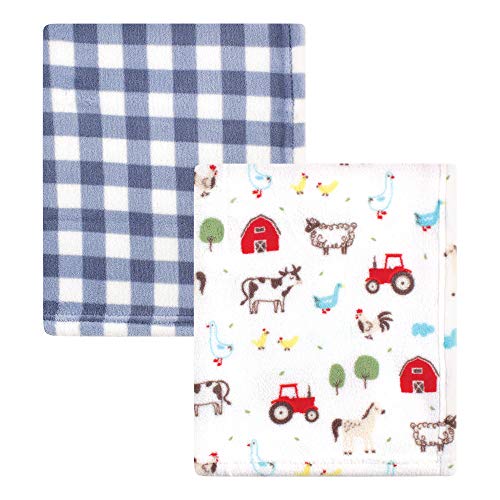 Image of Hudson Baby Unisex Baby Silky Plush and Coral Fleece Blanket, Boy Farm Animals, 30x36 inches
