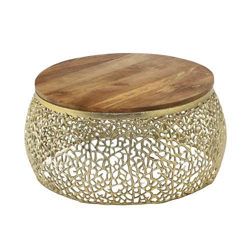 Christopher Knight Home Helast Aluminium Coffee Table with Round Mango Wooden Top, 27.5'' W Modern Indoor Accent Table for Living Room Bedroom Home Office, Abstract Hollow Frame, Gold by Christopher Knight Home - Image 2