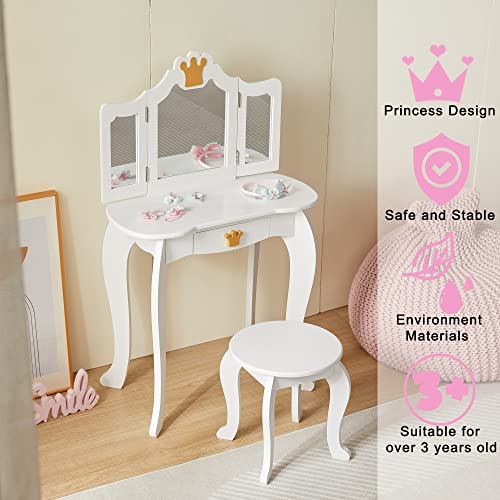 Kovhzcu Kids Vanity Table And Chair Set, Princess Makeup Vanity With Detachable Tri-Folding Mirror, Girls Dressing Table And Chair Set W/Drawer, Kids Vanity Set With Mirror Age 3-9 (White) #TOP2