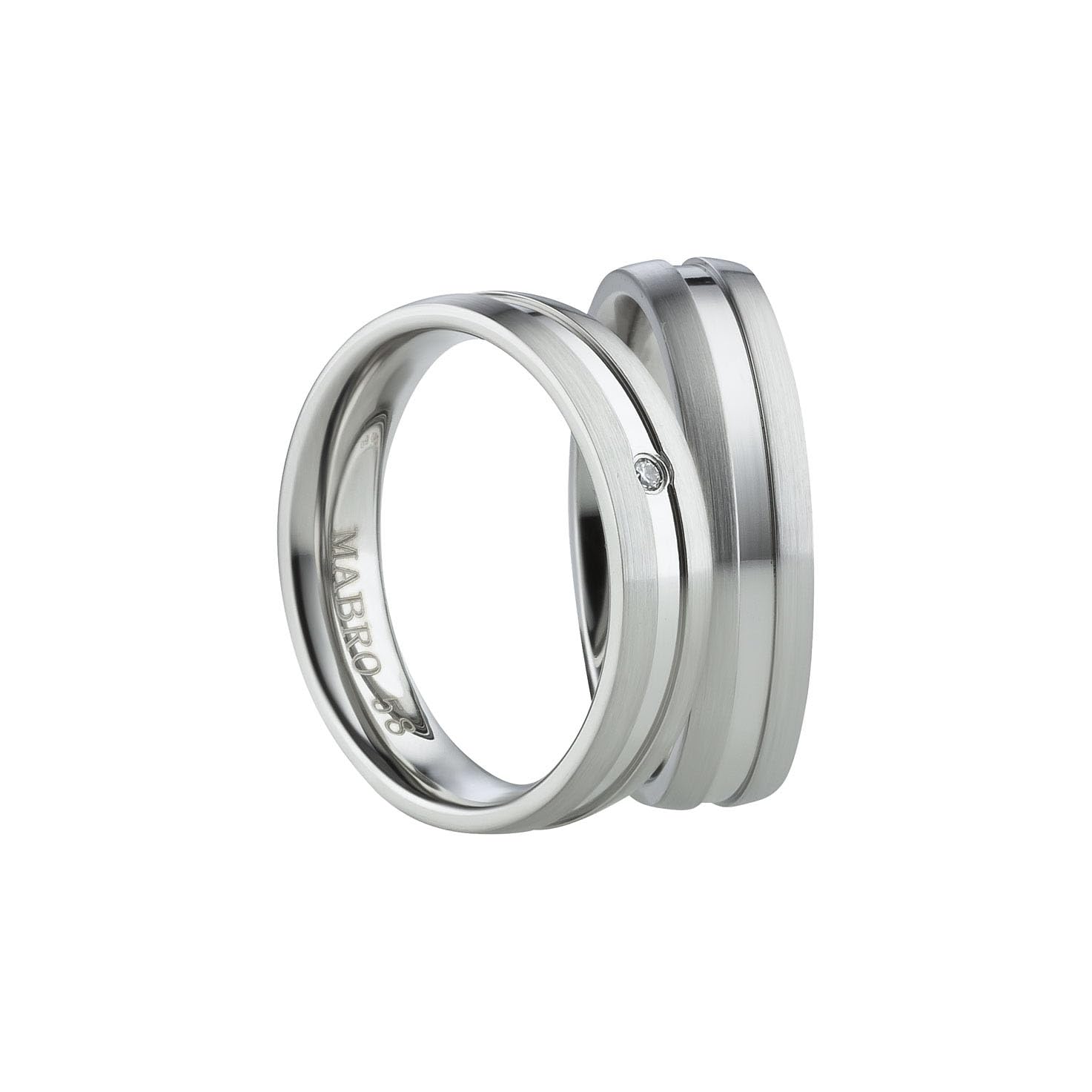 Paar Partnerringe & Eheringe aus Edelstahl 316L 6 mm – Freundschaftsringe mattiert & glänzend – Damenring mit 1 Zirkonia – innen & außen bombiert – Gravur möglich – Ringpaar Gr. 48 -74 |AB2002