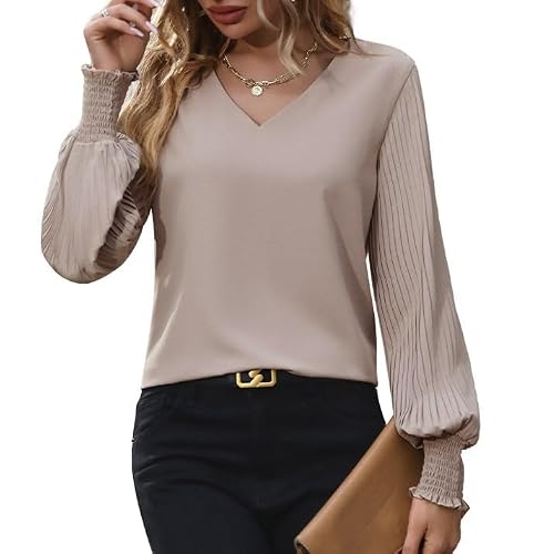 Image of Womens V Neck Blouse Pleated Long Lantern Sleeve Casual Trendy Work Tops for 2024 Fall, Khaki, L