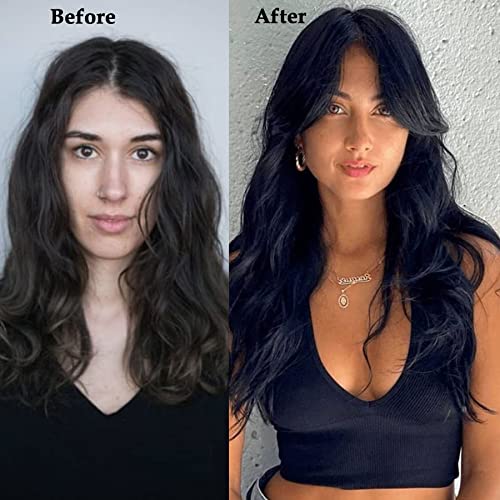Cinhoo Long Wavy Black Wig With Curtain Bangs Shag Haircut Wig For Women Curly Wavy Wigs,26 Inch Middle Part Curly Wavy Wig Natural Looking Synthetic Wig For Daily Party Use Natural Black Wig(1B#) #TOP3