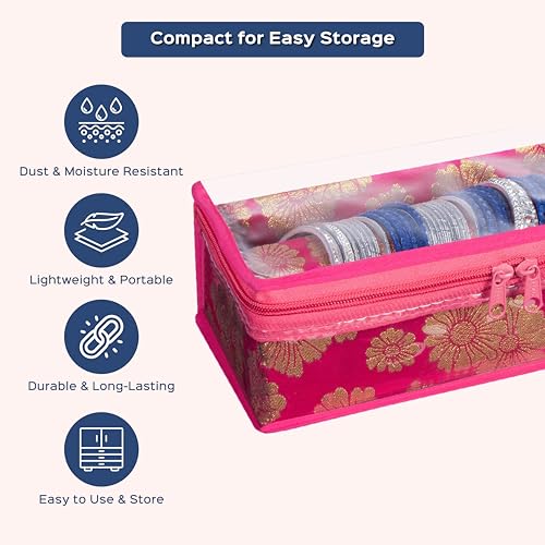 Image of HomeStrap Set of 2 Brocade Design Single Rod Storage Bangle Box for Women /Chudi Organizer Holder with Transparent Top (Pink)