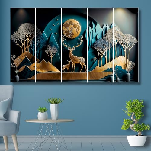 Image of Vastu Golden Deer with Moon Wall Painting Set of 5 | MDF Wall Art with Sparkle Laminated Finish | Big Size Wall Painting for Living Room & Bedroom | Elegant Wall Decor for Home & Office
