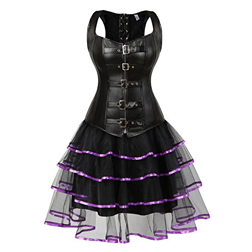 Grebrafan Steampunk Faux Leather Corsets with Tulle Skirt
