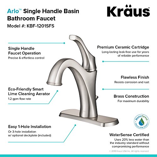 Kraus Kbf-1201Sfs Arlo Single Handle Basin Bathroom Faucet With Lift Rod Drain And Deck Plate, Spot-Free All-Brite Stainless Steel #TOP4