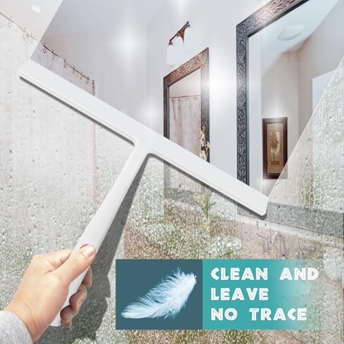 Image of Squeegee for Shower Door 14 Inch Wide Blade, 11 Inch Short Handle One-Piece Silicone with Stainless Steel Core, Non-Slip Grip Window Squeegee for Bathroom Mirror Car Windshield, Aluminum Hook (White)