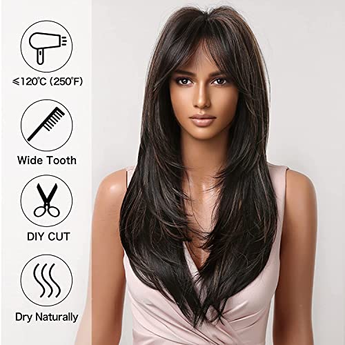 Image of Women's Full Head Wig - Shoulder Straight Length Highlight Black Layered Synthetic Hair Extension for Women and Girls Medium