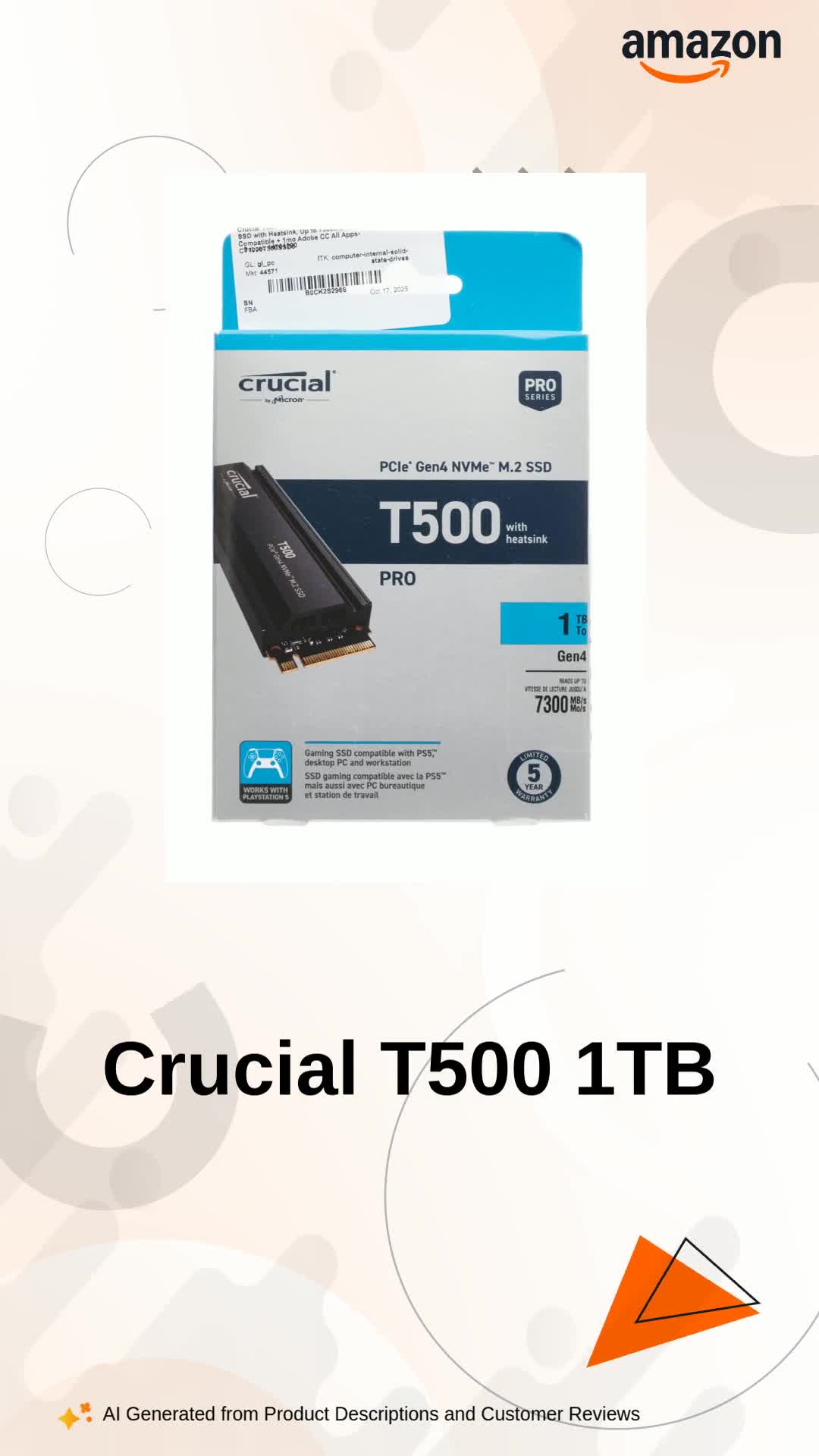 Crucial T500 1TB Gen4 NVMe M.2 Internal Gaming SSD with Heatsink